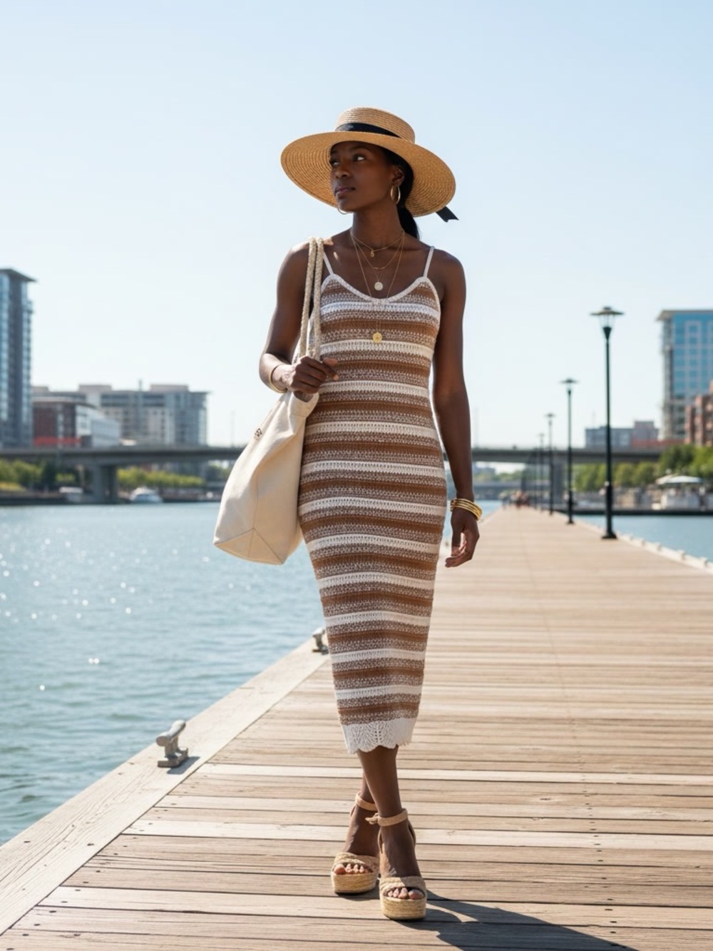 Casa Cabana Crochet Knit Striped Cami Midi Dress Brown White Medium NWOT